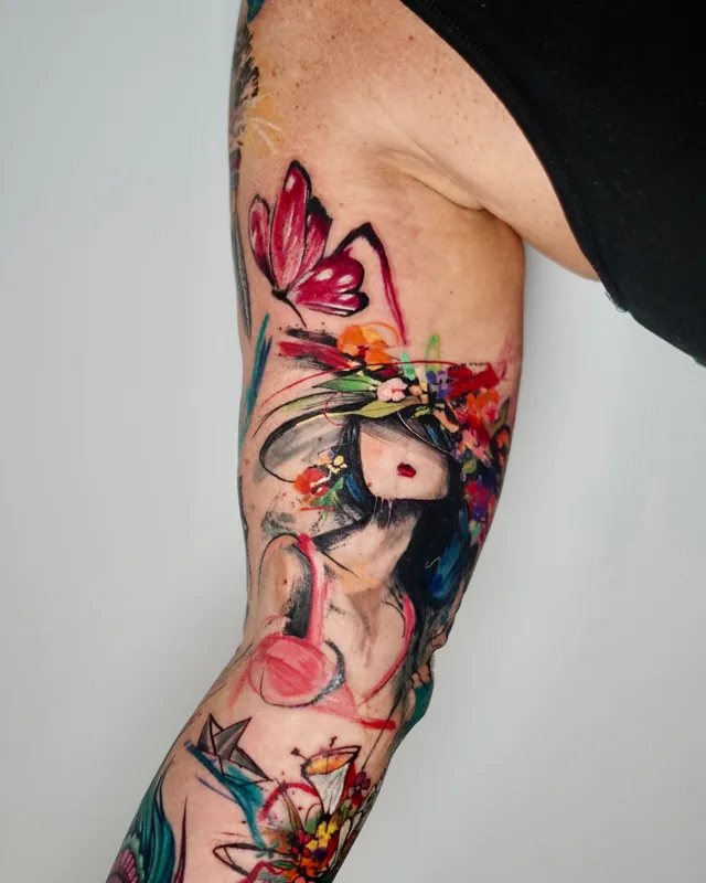 Abstract colour sleeve with a butterfly, flowers and a woman's face, inspired by a painting