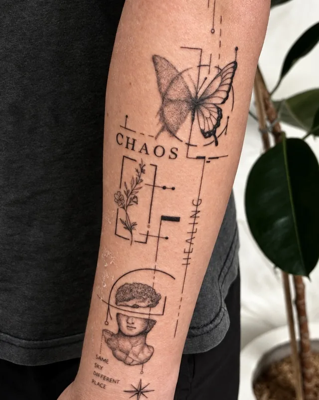 Fine line forearm sleeve with a butterfly, "Chaos" lettering and a classical bust