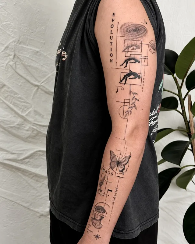 Fine line micro realism sleeve with "Evolution" lettering, swallows and geometric lines