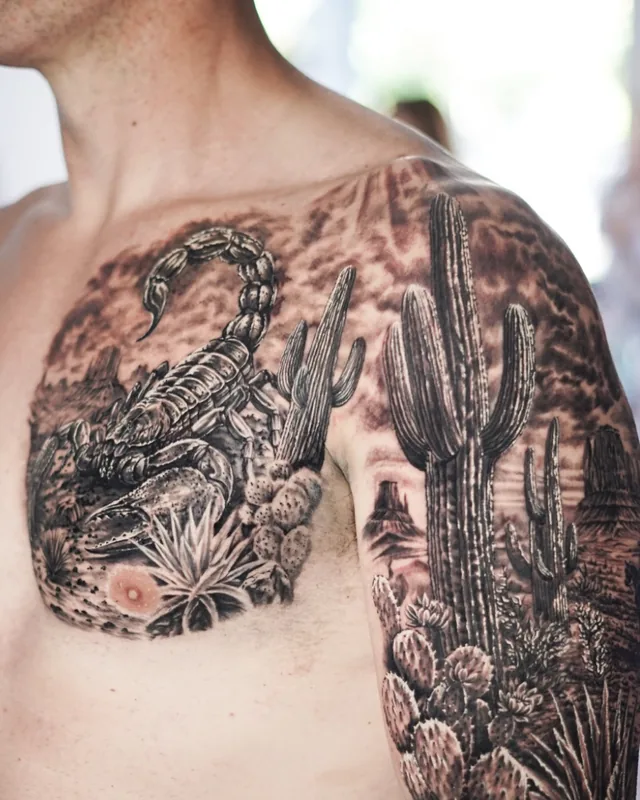 Hyper realism scorpion and desert cactus chest and shoulder piece in black and grey
