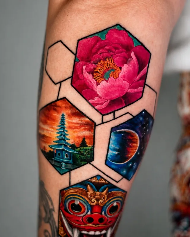 Colour micro realism hexagons with a peony, Balinese temple, moon and Barong mask on the arm