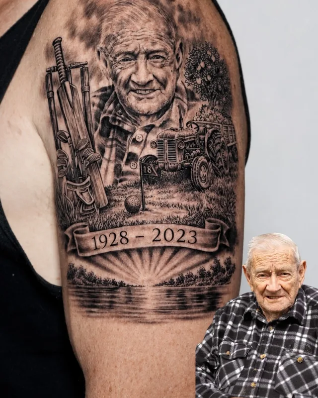 Black and grey portrait tattoo of a grandfather with his tractor and a 1928-2023 banner, next to the reference photo