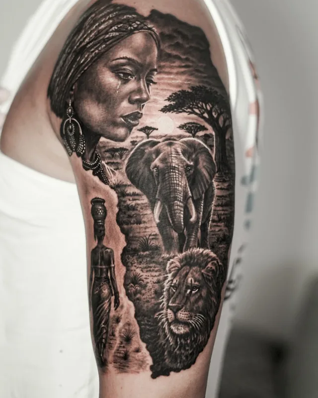 Surreal realism half sleeve of a woman, elephant and lion in an African landscape