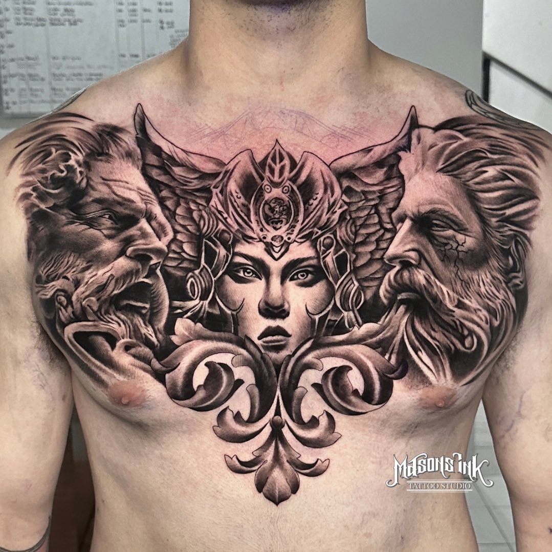 Full Chest Tattoo of two Greek Gods and a Goddess