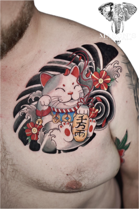 Colored Japanese Tattoo Style Beckoning Cat