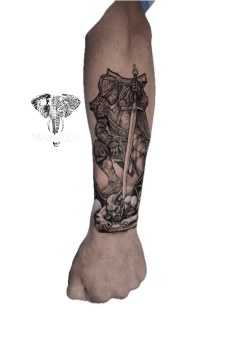 Black and Grey Realism Warrior Tattoo Design