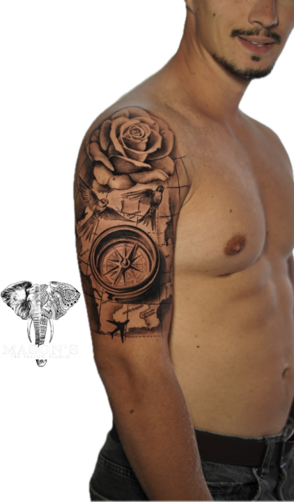 Black and Grey Floral Compass Tattoo Design