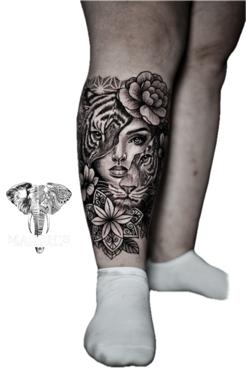 Realism Woman and Tiger Face with Flowers Tattoo Design