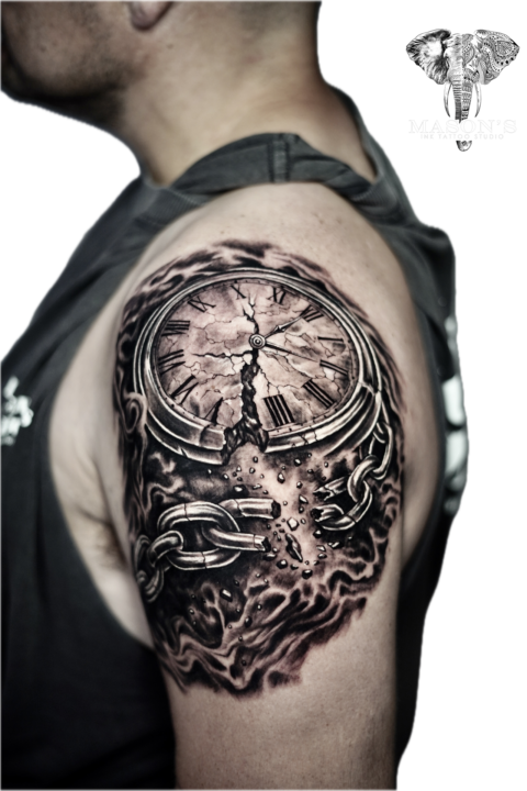 Realism Broken Clock and Chain Tattoo Design