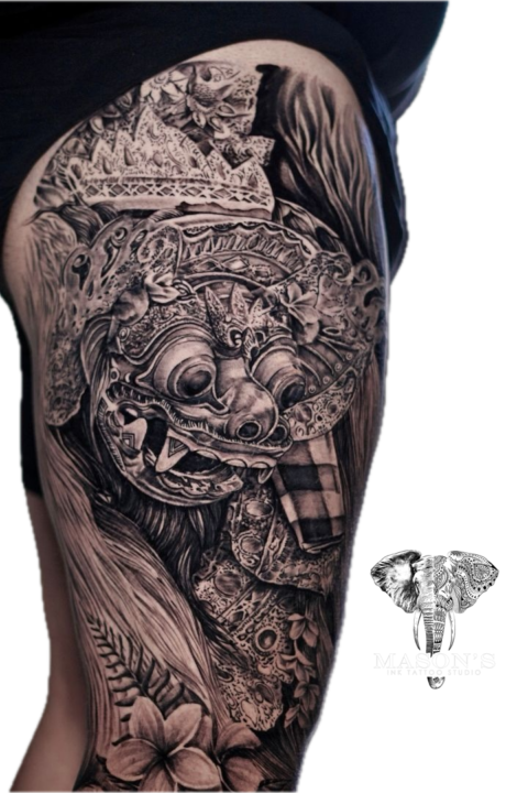 Tattoo Style Barong Balinese Mitology Black Work and Realism
