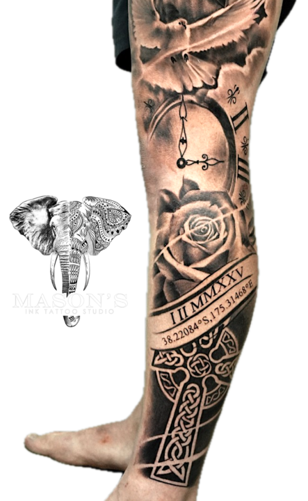 Tattoo Style Black and Grey Full Leg TIme Clock, Bird and Latitude Longitude