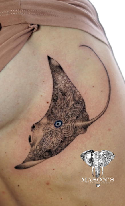 Black and Grey Realism Mandala Manta Ray Tattoo Design
