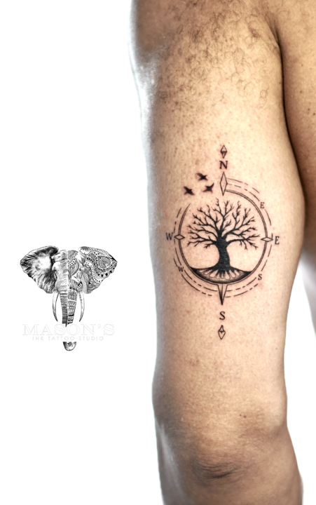 Black and Grey Geometric Tree Tattoo Design