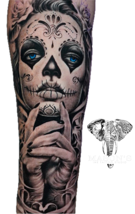 Tattoo Style Black and Grey Realism Calavera Catrina or Sugar Skull Beauty