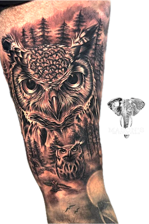 Black and Grey Realism Owl Forest Tattoo Design