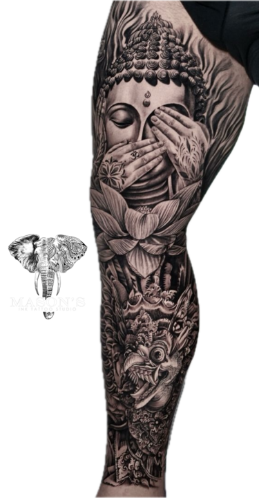 Tattoo Style Budha Face and Garuda Jatayu Black Work and Realism