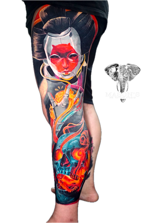 Tattoo Style Color Japanese Geisha Skull