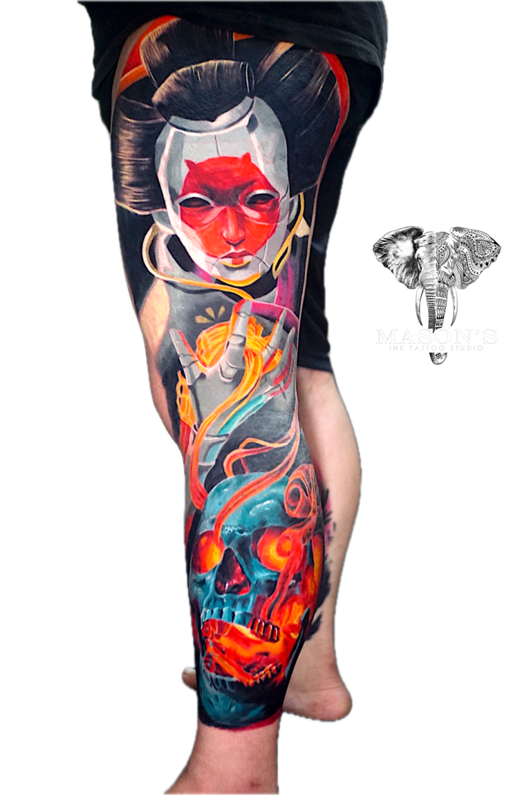 Tattoo Style Color Japanese Geisha Skull