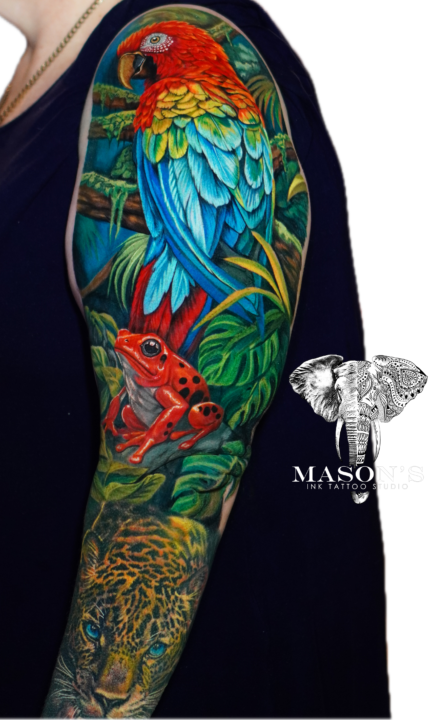 Tattoo Style Color Jungle Frog and Parrot