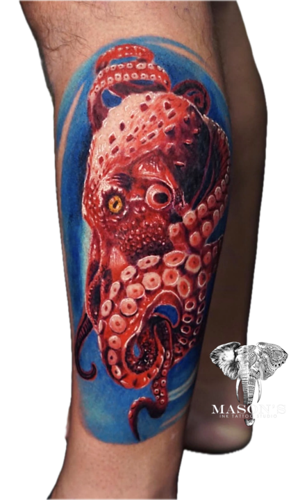 Tattoo Style Color Red Octopus