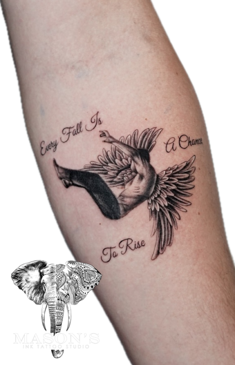 Black and Grey Realism Falling Angel Icarus Mythology Tattoo Design