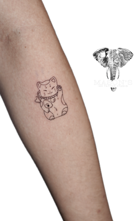 Tattoo Style Fine Line Cat Chinese