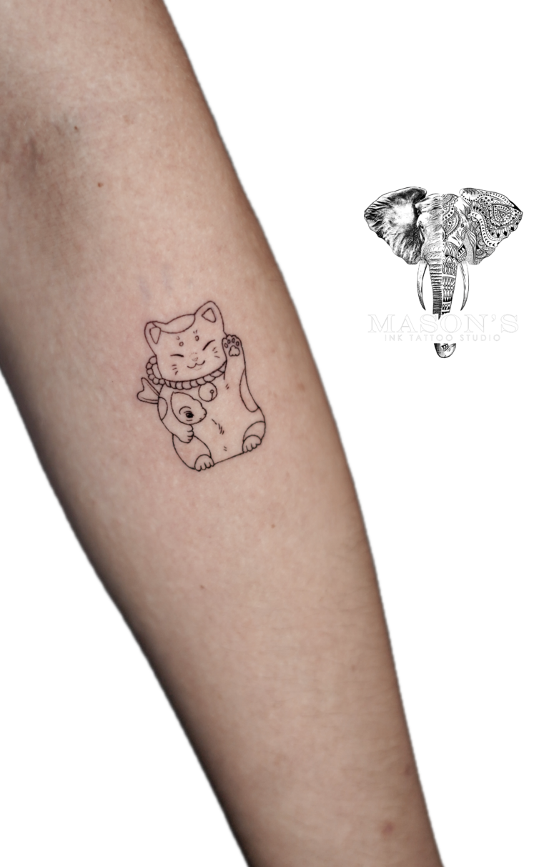 Tattoo Style Fine Line Cat Chinese