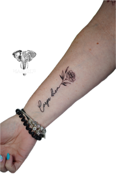 Tattoo Style Fine Line & Flower Carpe Diem