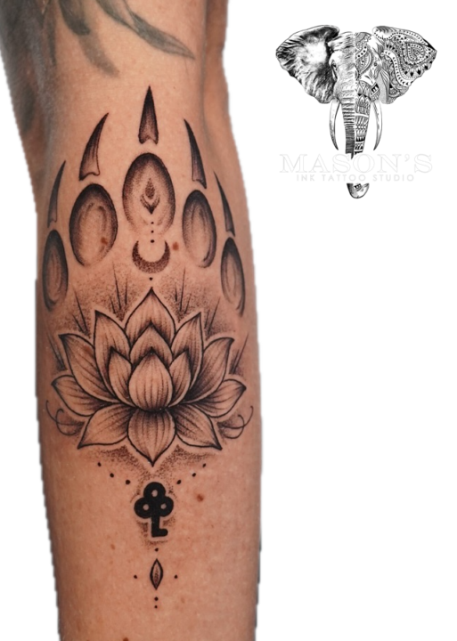 Black and Grey Floral Lotus Bear Paw Tattoo Design