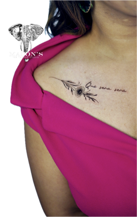 Tattoo Style Flower and Script Que Sera Sera