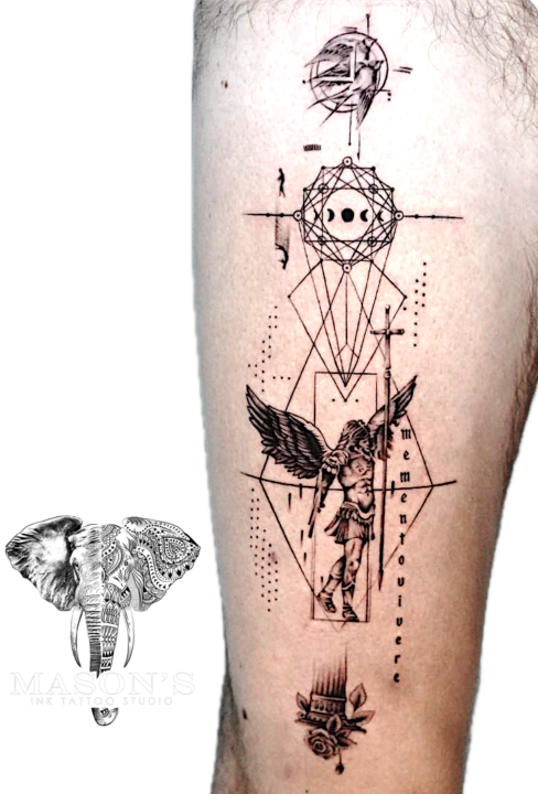 Tattoo Style Geometric Angel, Bird and Flower