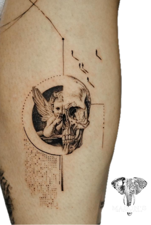 Geometric Angel Cupid and Skull Tattoo Design