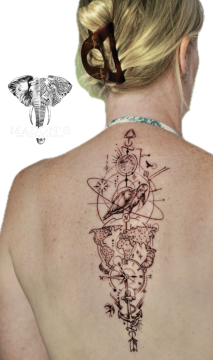 Tattoo Style Geometric Turtle and World