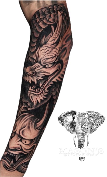 Tattoo Style Japanese Devil and Dragon