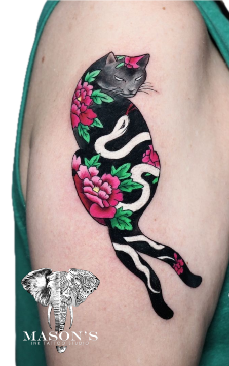 Colored Japanese Cat and Snake Tattoo Design