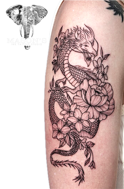 Black and Grey Japanese Dragon Flower Tattoo Design