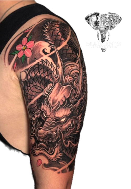 Tattoo Style Japanese Dragon with Flower