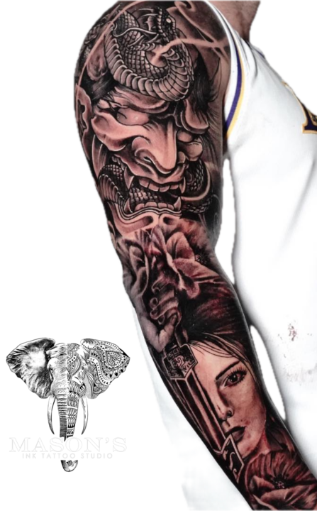 Tattoo Style Japanese Full Sleeve Devila, Sword, Woman and Snake