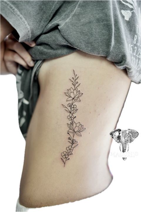 Fineline Flower and Leaf Tattoo Design