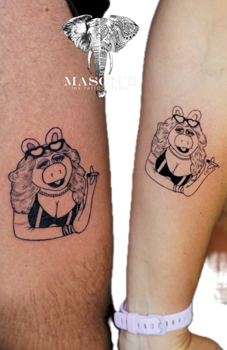 Line Work Miss Piggy Holding Cigarette Tattoo Design