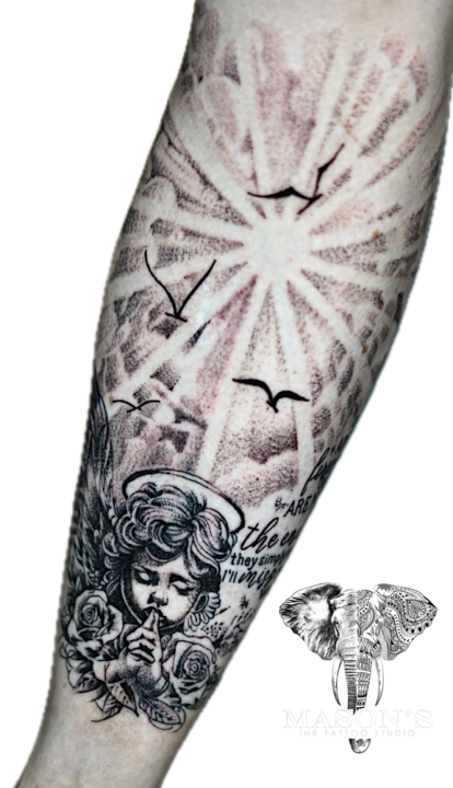 Black and Grey Realism Cupid Angel Mythology Tattoo Design