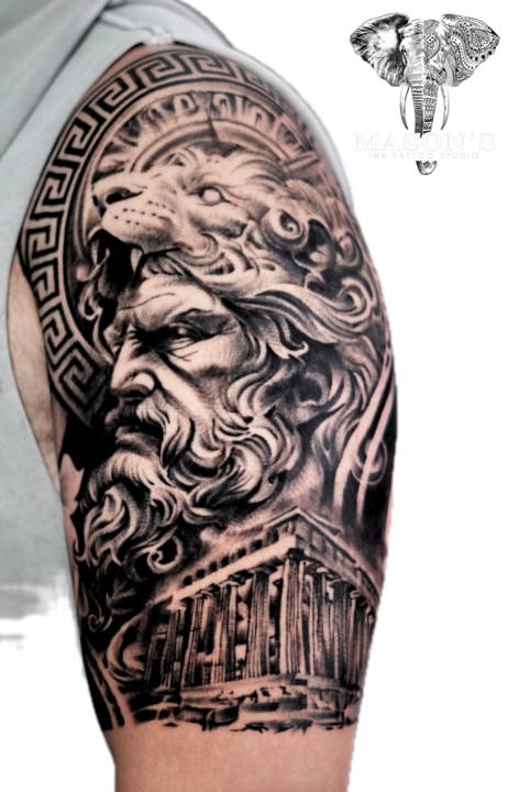 Tattoo Style Mythology Realistic Coliseum Tiger and Zeus