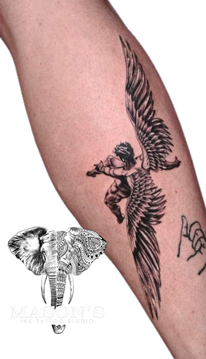 Black and Grey Realism Mythology Fallen Angel Tattoo Design
