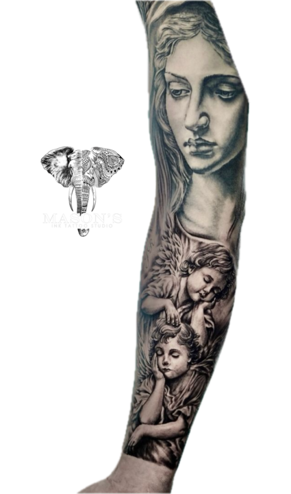 Black and Grey Realism Cupid Angel Mythology Tattoo Design