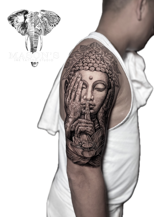 Mythology Realistic Buddha Face Hand Tattoo Style