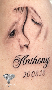 Realism Portrait Mother and Baby Script Tattoo Design
