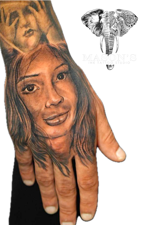 Tattoo Style Portrait Woman Face on hand