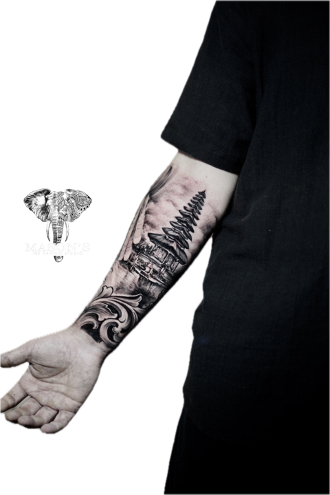 Tattoo Style Realism Balinese Temple Bratan Lake