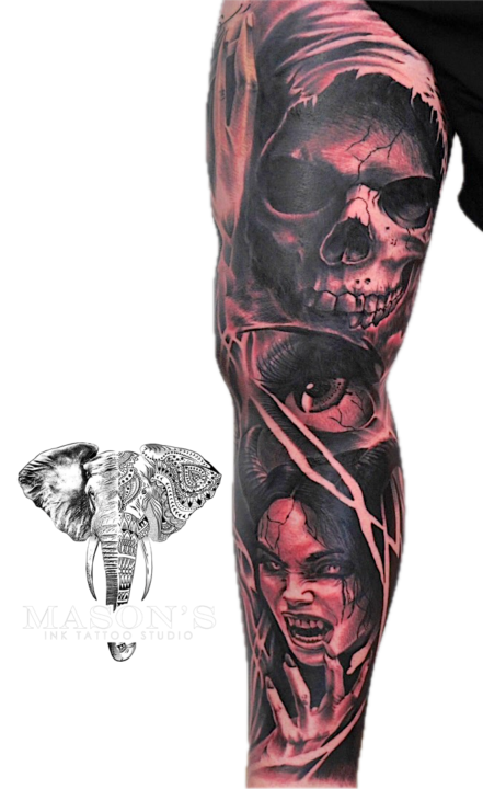 Tattoo Style Realism Beauty Vampire Woman and Skull