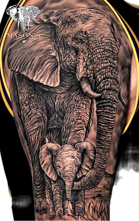Tattoo Style Realism Elephant Family